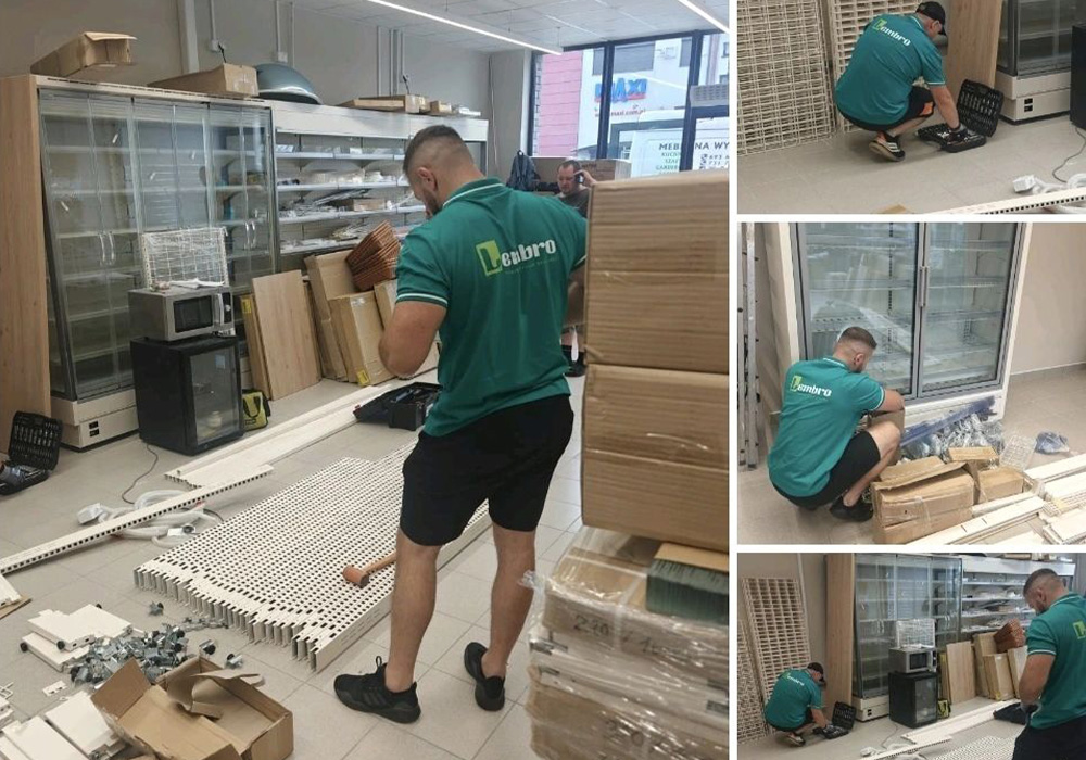 Załoga Lembro montuje wyposażenie sklepu spożywczego